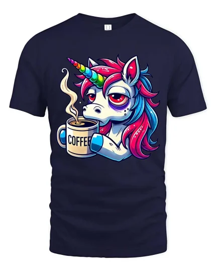 Funny Unicorn Coffee T-Shirt Sleepy Rainbow Pony Tee - navy t-shirt on white background