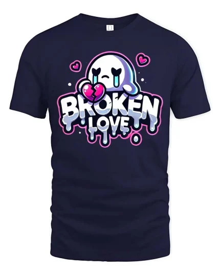 Broken Love Heart T-Shirt Sad Cute Graphic Tee - navy t-shirt on white background