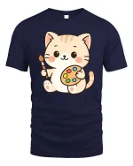 Cute Cat Artist T-Shirt Kawaii Painter Kitty Art Tee - navy t-shirt on white background
