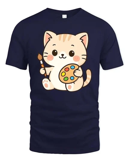 Cute Cat Artist T-Shirt Kawaii Painter Kitty Art Tee - navy t-shirt on white background