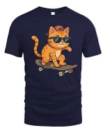 Cool Skateboarding Cat T-Shirt Funny Skater Animal Tee - navy t-shirt on white background