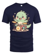 Cute Dinosaur Drummer T-Shirt Funny Music Animal Tee - navy t-shirt on white background