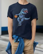 Basketball T Rex Dinosaur T-Shirt Funny Sports Animal Tee - model wearing navy tee with hands in pockets