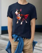 Bull Terrier Superhero Dog T-Shirt Funny Pet Hero Tee - model wearing navy tee with hands in pockets