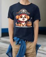 Cute Pirate Dog T-Shirt Funny Puppy Buccaneer Tee - model wearing navy tee with hands in pockets