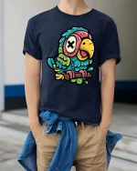 Funny Cartoon Parrot T-Shirt Colorful Cute Bird Tee - model wearing navy tee with hands in pockets