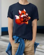 Cute Fox Chocolate T-Shirt Kawaii Sweet Animal Tee - model wearing navy tee with hands in pockets