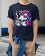 Funny Unicorn Coffee T-Shirt Sleepy Rainbow Pony Tee - model wearing navy tee with hands in pockets