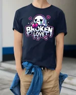 Broken Love Heart T-Shirt Sad Cute Graphic Tee - model wearing navy tee with hands in pockets