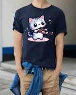 Cute Cat Playing Violin T-Shirt Funny Music Animal Tee - model wearing navy tee with hands in pockets
