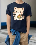 Cute Cat Artist T-Shirt Kawaii Painter Kitty Art Tee - model wearing navy tee with hands in pockets