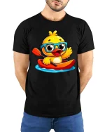 Cute Duck Kayaking T-Shirt Funny Cartoon Animal Tee Soft - model wearing black tee with hands behind back
