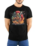 Roman Gladiator Warrior T-Shirt Epic Battle Graphic Tee - model wearing black tee with hands behind back