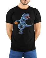 Basketball T Rex Dinosaur T-Shirt Funny Sports Animal Tee - model wearing black tee with hands behind back