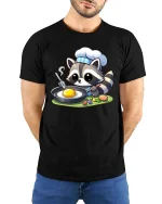 Cute Raccoon Chef Cooking T-Shirt Funny Animal Food Tee - model wearing black tee with hands behind back