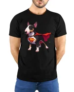 Bull Terrier Superhero Dog T-Shirt Funny Pet Hero Tee - model wearing black tee with hands behind back
