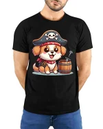 Cute Pirate Dog T-Shirt Funny Puppy Buccaneer Tee - model wearing black tee with hands behind back