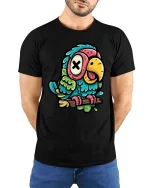 Funny Cartoon Parrot T-Shirt Colorful Cute Bird Tee - model wearing black tee with hands behind back