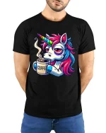 Funny Unicorn Coffee T-Shirt Sleepy Rainbow Pony Tee - model wearing black tee with hands behind back