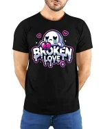 Broken Love Heart T-Shirt Sad Cute Graphic Tee - model wearing black tee with hands behind back