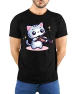 Cute Cat Playing Violin T-Shirt Funny Music Animal Tee - model wearing black tee with hands behind back