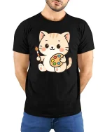 Cute Cat Artist T-Shirt Kawaii Painter Kitty Art Tee - model wearing black tee with hands behind back
