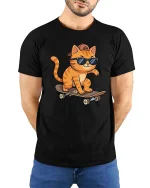 Cool Skateboarding Cat T-Shirt Funny Skater Animal Tee - model wearing black tee with hands behind back