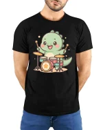 Cute Dinosaur Drummer T-Shirt Funny Music Animal Tee - model wearing black tee with hands behind back