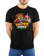 Tastes Funny Lion Clown T-Shirt Graphic Humor Tee Fun - model wearing black tee with hands behind back