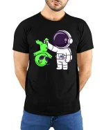 Funny Astronaut Alien T-Shirt Space Humor Graphic Tee - model wearing black tee with hands behind back