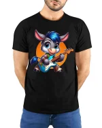 Cute Donkey Guitar T-Shirt Funny Music Animal Tee Fun - model wearing black tee with hands behind back