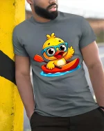 Cute Duck Kayaking T-Shirt Funny Cartoon Animal Tee Soft - model wearing grey tee, leaning on column