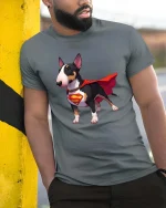 Bull Terrier Superhero Dog T-Shirt Funny Pet Hero Tee - model wearing grey tee, leaning on column
