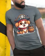 Cute Pirate Dog T-Shirt Funny Puppy Buccaneer Tee - model wearing grey tee, leaning on column
