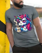 Funny Unicorn Coffee T-Shirt Sleepy Rainbow Pony Tee - model wearing grey tee, leaning on column