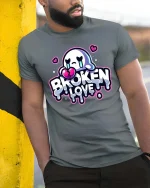 Broken Love Heart T-Shirt Sad Cute Graphic Tee - model wearing grey tee, leaning on column