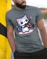 Cute Cat Playing Violin T-Shirt Funny Music Animal Tee - model wearing grey tee, leaning on column