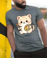 Cute Cat Artist T-Shirt Kawaii Painter Kitty Art Tee - model wearing grey tee, leaning on column