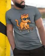 Cool Skateboarding Cat T-Shirt Funny Skater Animal Tee - model wearing grey tee, leaning on column