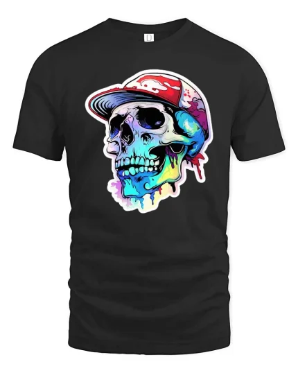 Colorful Skull Streetwear T-Shirt Urban Graffiti Style - black t-shirt on white background