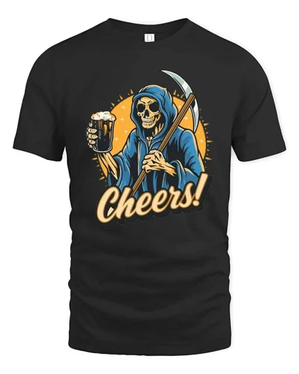 Funny Grim Reaper Cheers Beer T-Shirt Dark Humor Tee - black t-shirt on white background