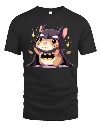 Cute Bat Hamster Hero T-Shirt Funny Animal Superhero Tee - black t-shirt on white background