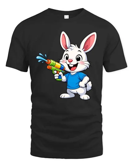 Cute Bunny Water Gun T-Shirt Funny Summer Animal Tee - black t-shirt on white background