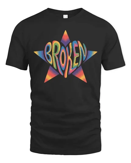 Broken Star Graphic T-Shirt Colorful Retro Streetwear - black t-shirt on white background