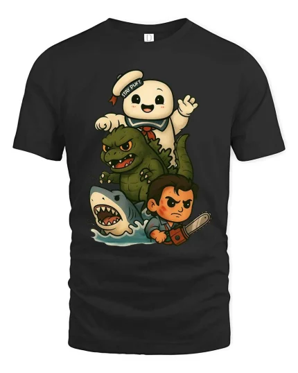 Retro Monster Mash Cartoon T-Shirt Funny Horror Icons - black t-shirt on white background