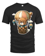 Cute Bear Balloon Adventure T-Shirt Cartoon Travel Tee - black t-shirt on white background