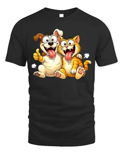 Funny Dog And Cat Best Friends Cartoon T-Shirt Cute Gift - black t-shirt on white background