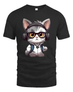 Cute DJ Cat Headphones T-Shirt Funny Music Lover Tee - black t-shirt on white background