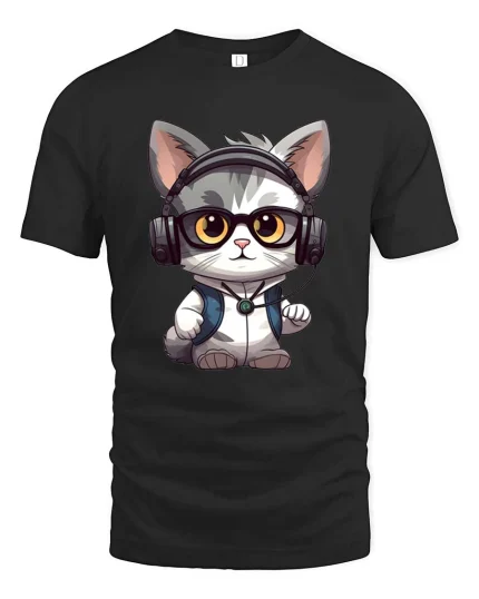 Cute DJ Cat Headphones T-Shirt Funny Music Lover Tee - black t-shirt on white background