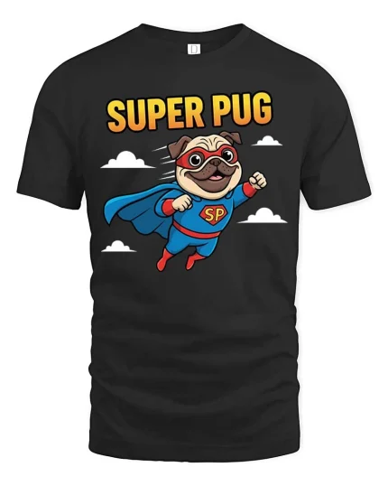 Super Pug Flying Hero Cartoon T-Shirt Funny Dog Lovers - black t-shirt on white background